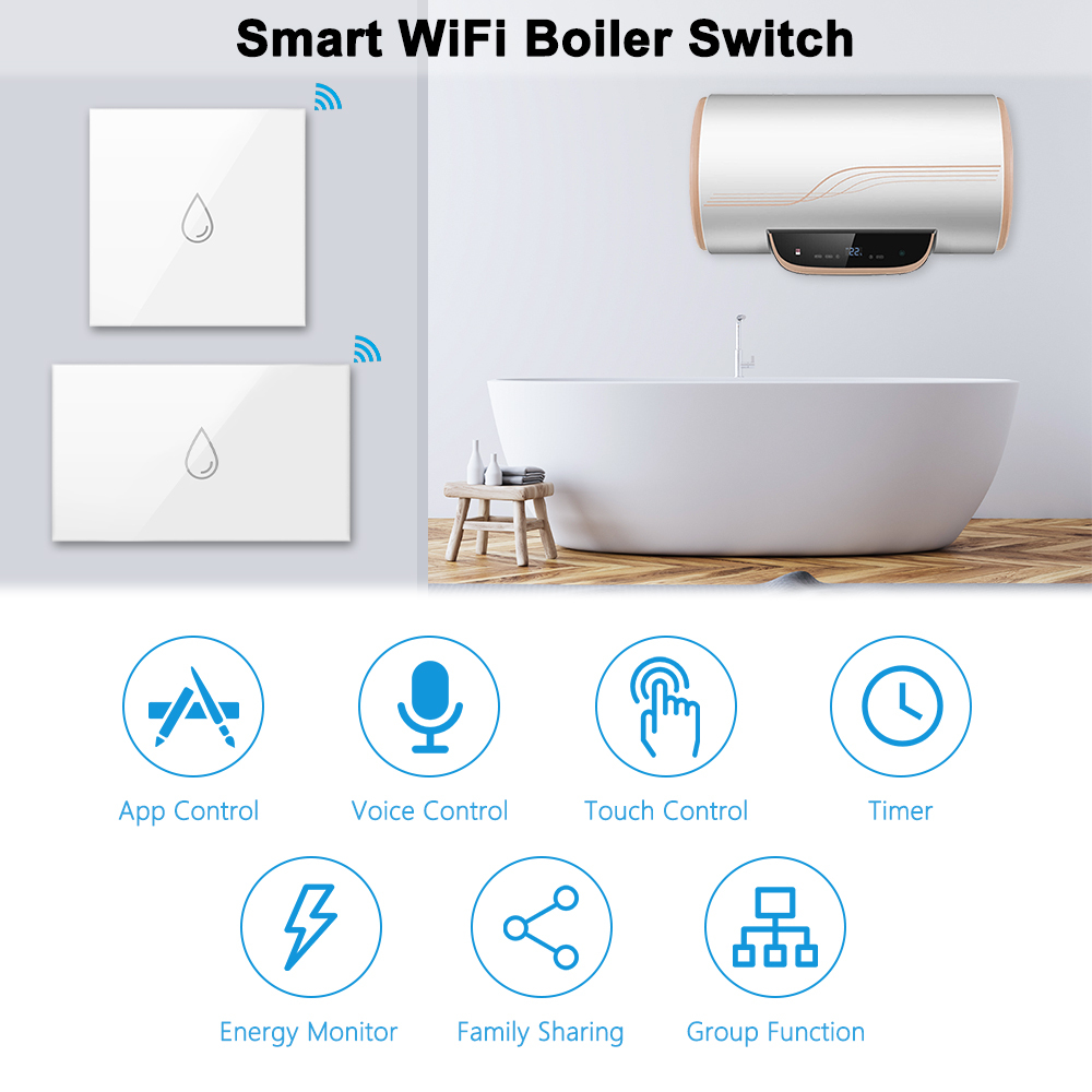 Tuya Smart Life Boiler EU US Standard Water Heater Wireless Remote Wall Panel Touch Switch Google Home Alexa Voice Control