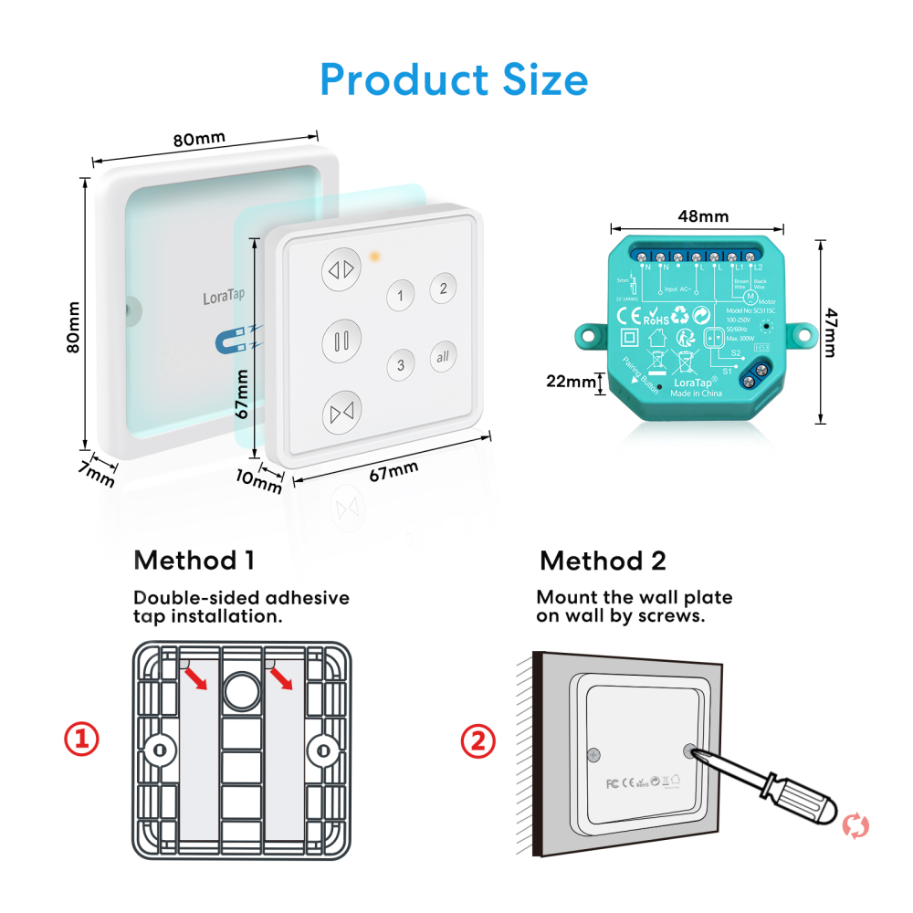 LoraTap Wireless Roller Shutter Module, 3 in 1, with RF Remote Control, 868Mhz Radio Transmitter, Curtain Stores Switch Switch, Wall Relay