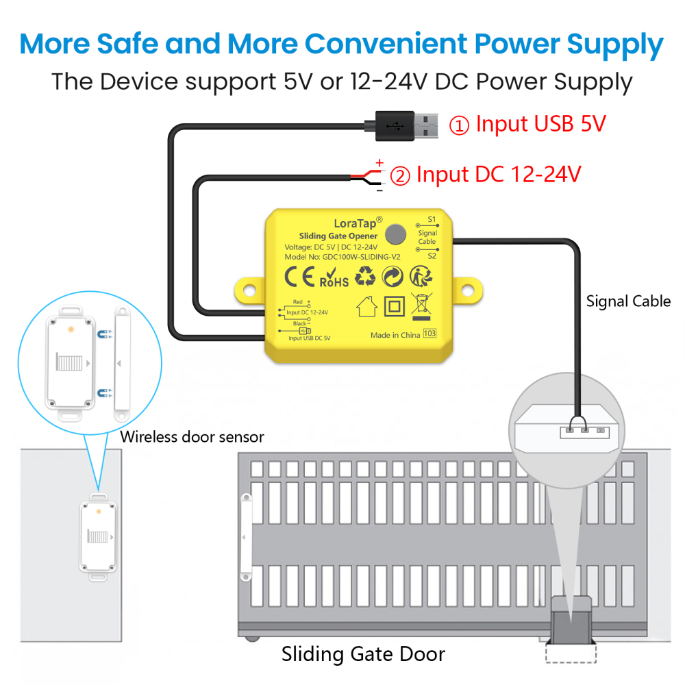 LoraTap Tuya Smart Life Sliding Gate Motor Opener Controller Waterproof IP65 Door Sensor USB Charge Work With Google Home Alexa