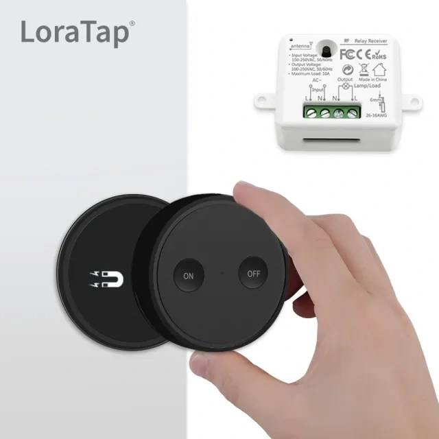 Remote Control Wireless Light Switch with Tiny Relay Module 2500W Magnetic Wall Switch or Be Portable 200m Range Easy to Install (Black)