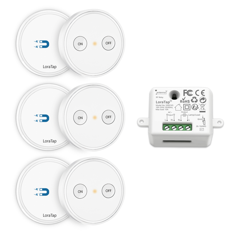 LoraTap Magnetic Wireless Lights Switch Kit (Three 2-button remotes and one relay receiver) 868Mhz for EU market