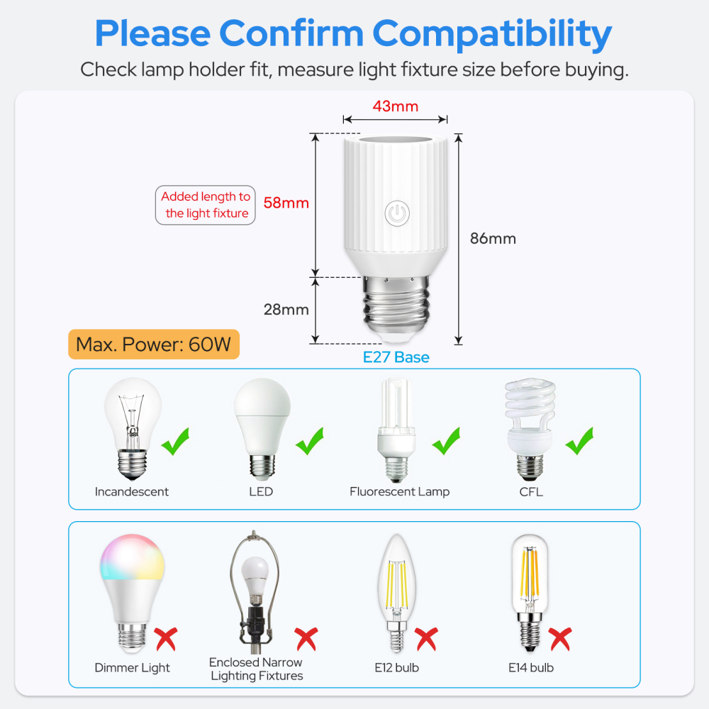 LoraTap Remote Control Light Socket, Wireless Light Switch for Pull Chain & Bare Fixtures, Wall Mount, 100ft Range, E26 E27 Adapter, No Wiring