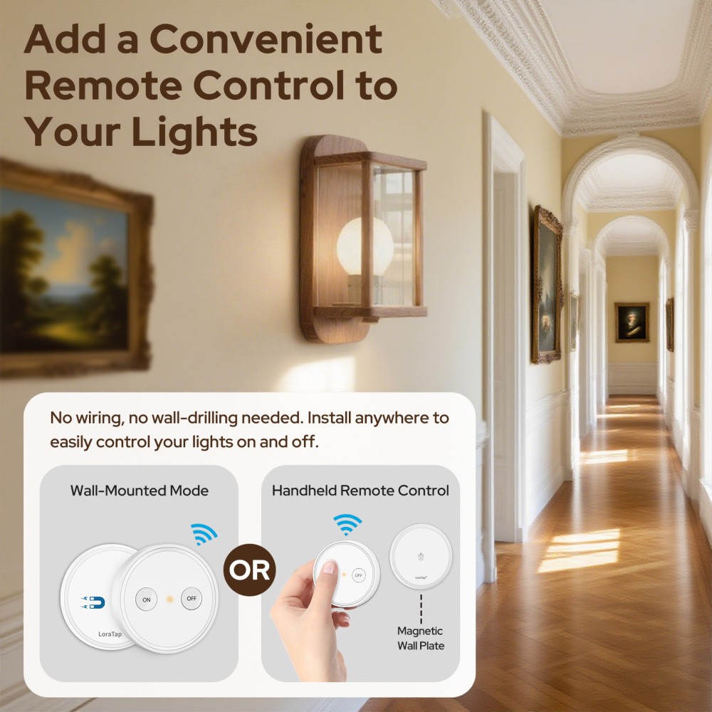 LoraTap Remote Control Light Socket, Wireless Light Switch for Pull Chain & Bare Fixtures, Wall Mount, 100ft Range, E26 E27 Adapter, No Wiring
