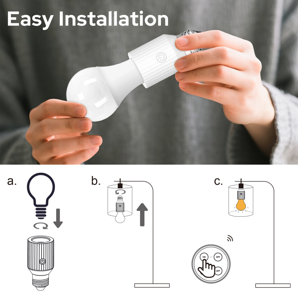 LoraTap Remote Control Light Socket, Wireless Light Switch, Wall Mount, 100ft Range, E26 E27 Adapter, No Wiring (1 Remote + 2 Sockets)
