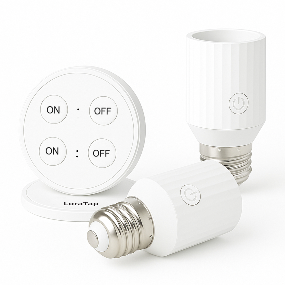 LoraTap Remote Control Light Socket, Wireless Light Switch, Wall Mount, 100ft Range, E26 E27 Adapter, No Wiring (1 Remote + 2 Sockets)