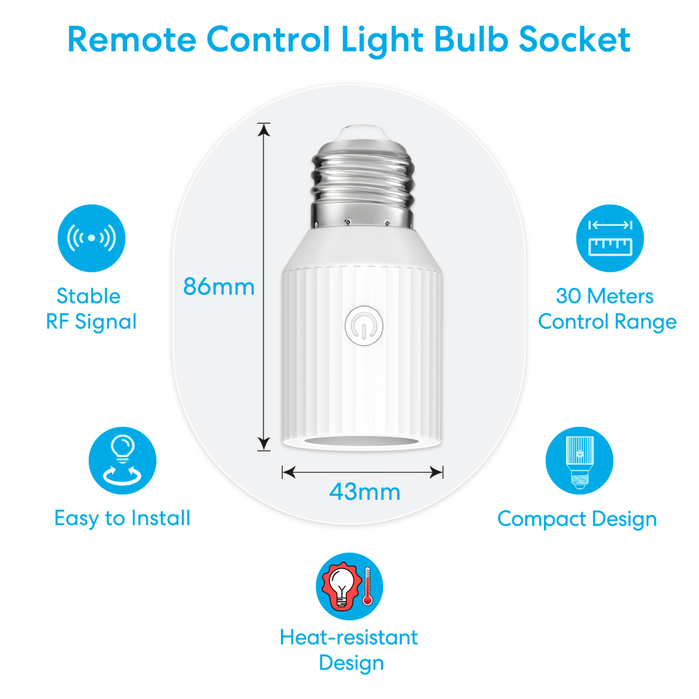 LoraTap Remote Control Light Socket, Wireless Light Switch, Wall Mount, 100ft Range, E26 E27 Adapter, No Wiring (1 Remote + 2 Sockets)