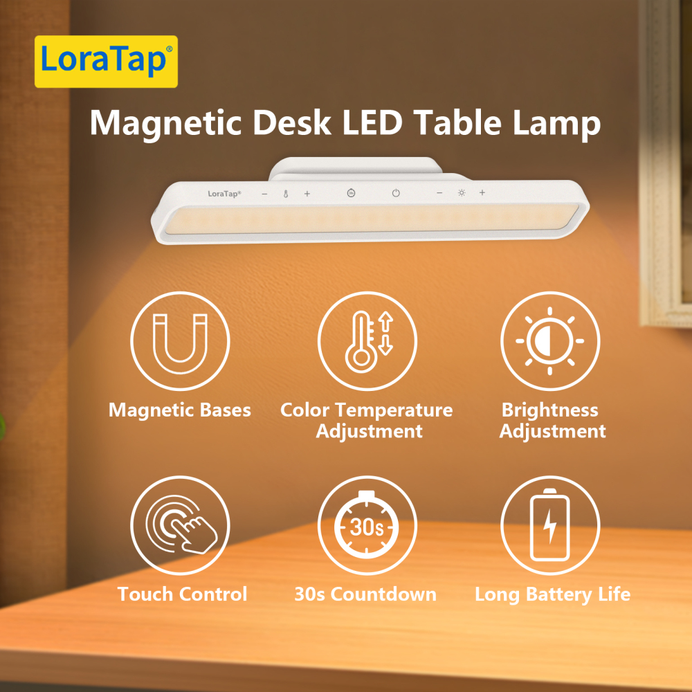 LoraTap Magnetic LED Desk Lamp Dimmable Brightness and Color Temperature with Continuous Adjustment For Closet, bedside, reading