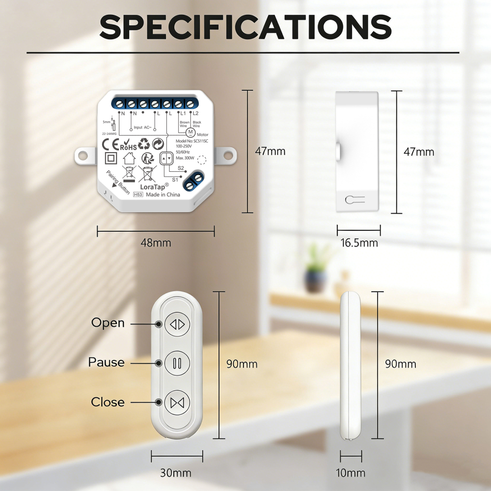 LoraTap 868 MHz Universal Wireless Roller Shutter Controller - Remote Control + Receiver for Roller Shutters, Easy and Quick Installation