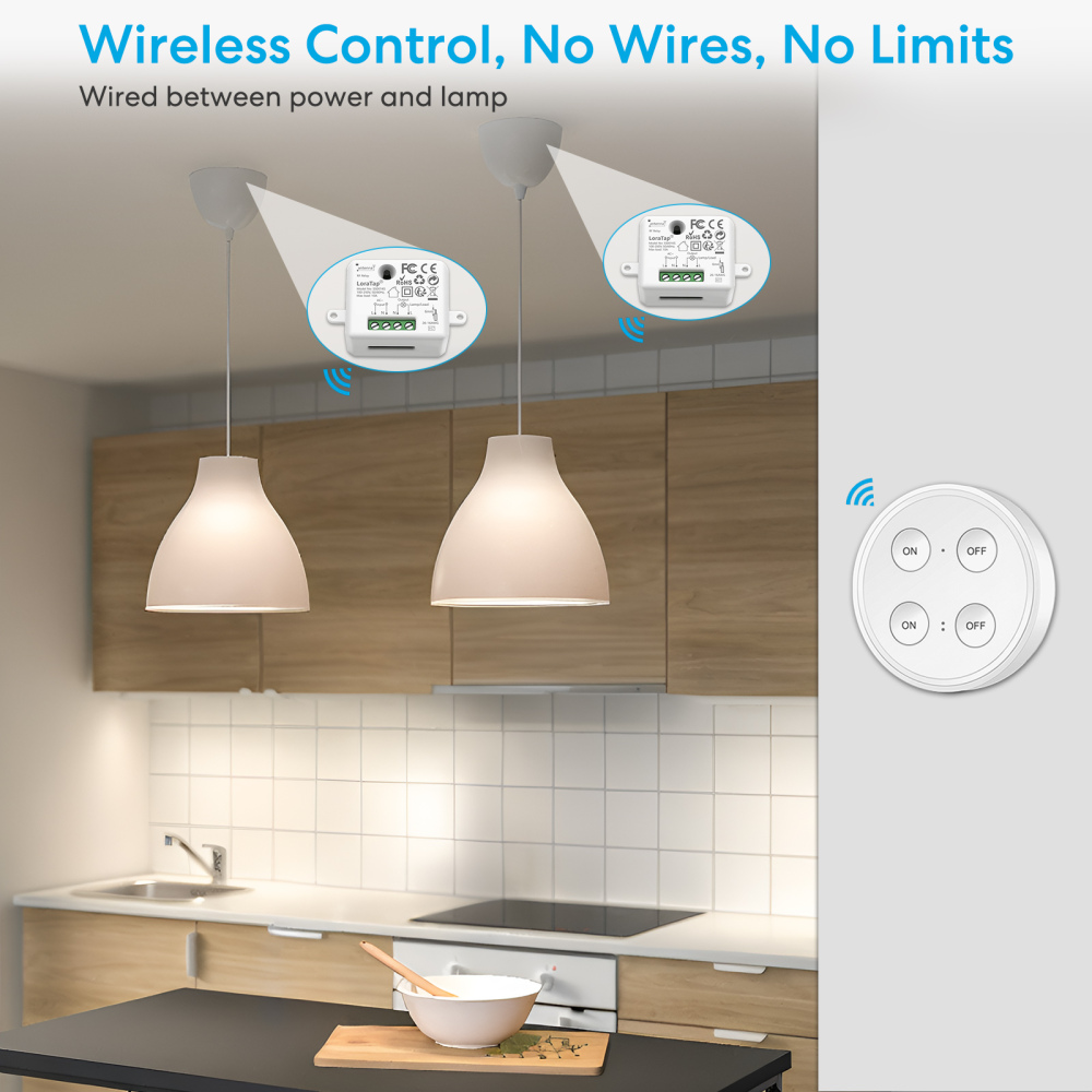 LoraTap Magnetic Wireless Lights Switch Kit (One 4-button remote and two relay receivers) 868Mhz for EU market