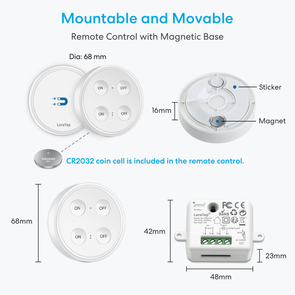 LoraTap Magnetic Wireless Lights Switch Kit (One 4-button remote and two relay receivers) 868Mhz for EU market
