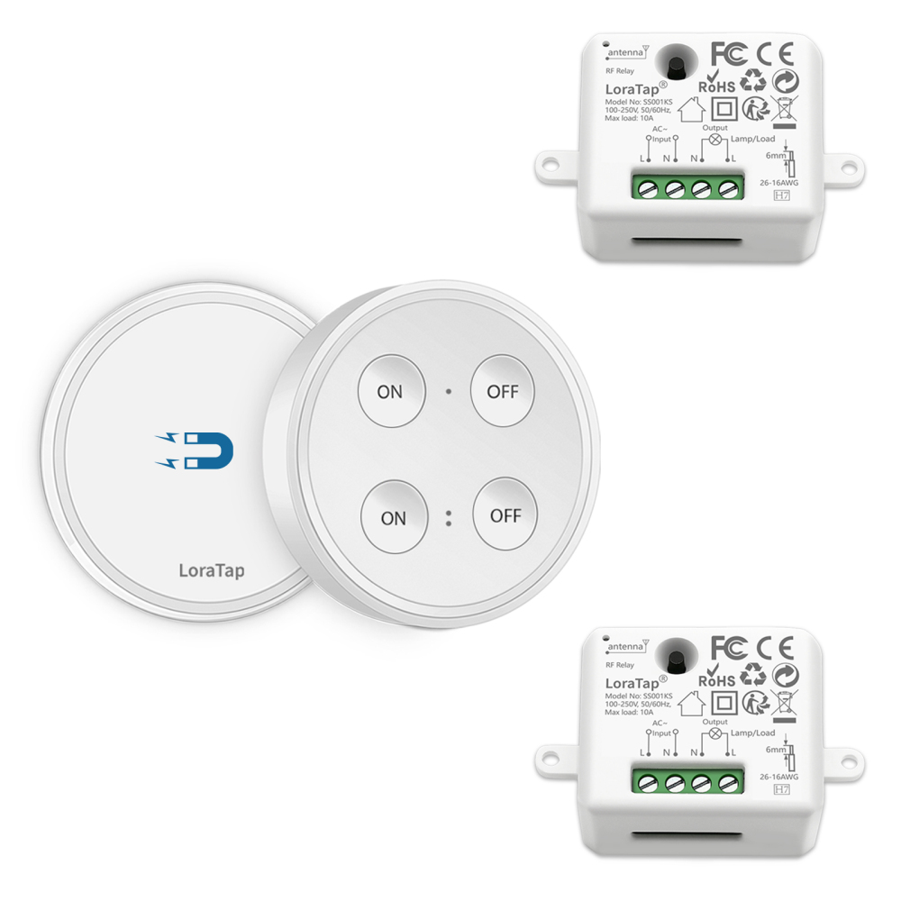 LoraTap Magnetic Wireless Lights Switch Kit (One 4-button remote and two relay receivers) 868Mhz for EU market