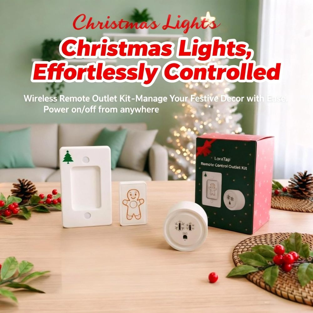 LoraTap Remote Control Outlet & Wireless Wall Switch, 100ft Indoor Range, One-Touch Control for Holiday Lights & Small Appliances, No Wiring Required