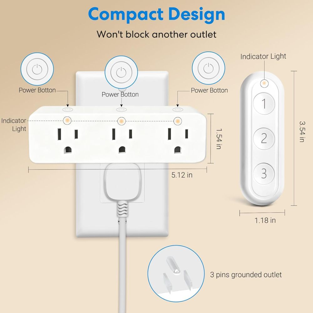 LoraTap Wireless Remote Control Outlet Extender, 3 Independent Outlets 15A/1875W Power Strip, No Interference No Wiring No WiFi, 100ft Long Range