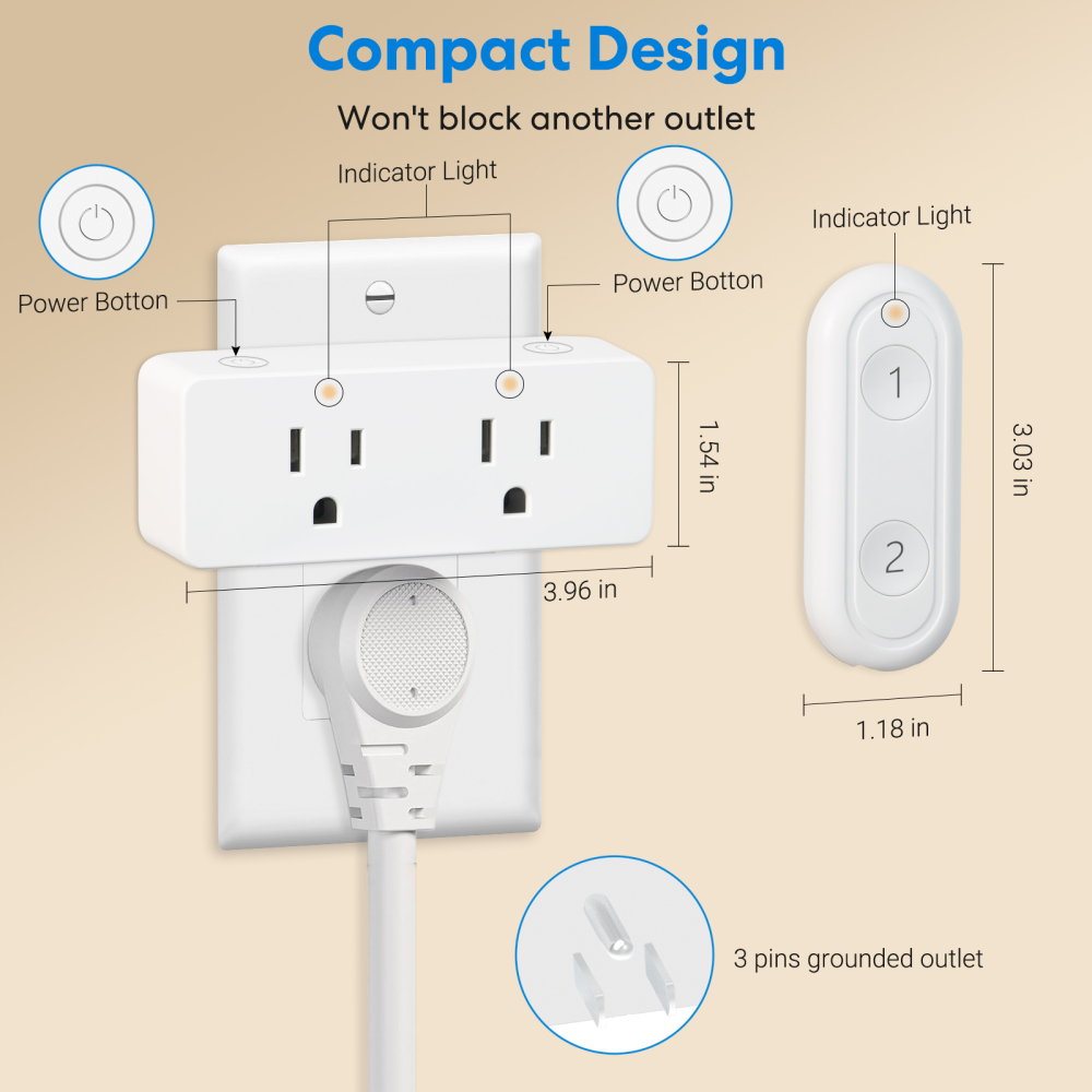 LoraTap Wireless Remote Control Outlet Extender, 2 Independent Outlets 15A/1875W Power Strip, No Interference No Wiring No WiFi, 100ft Long Range