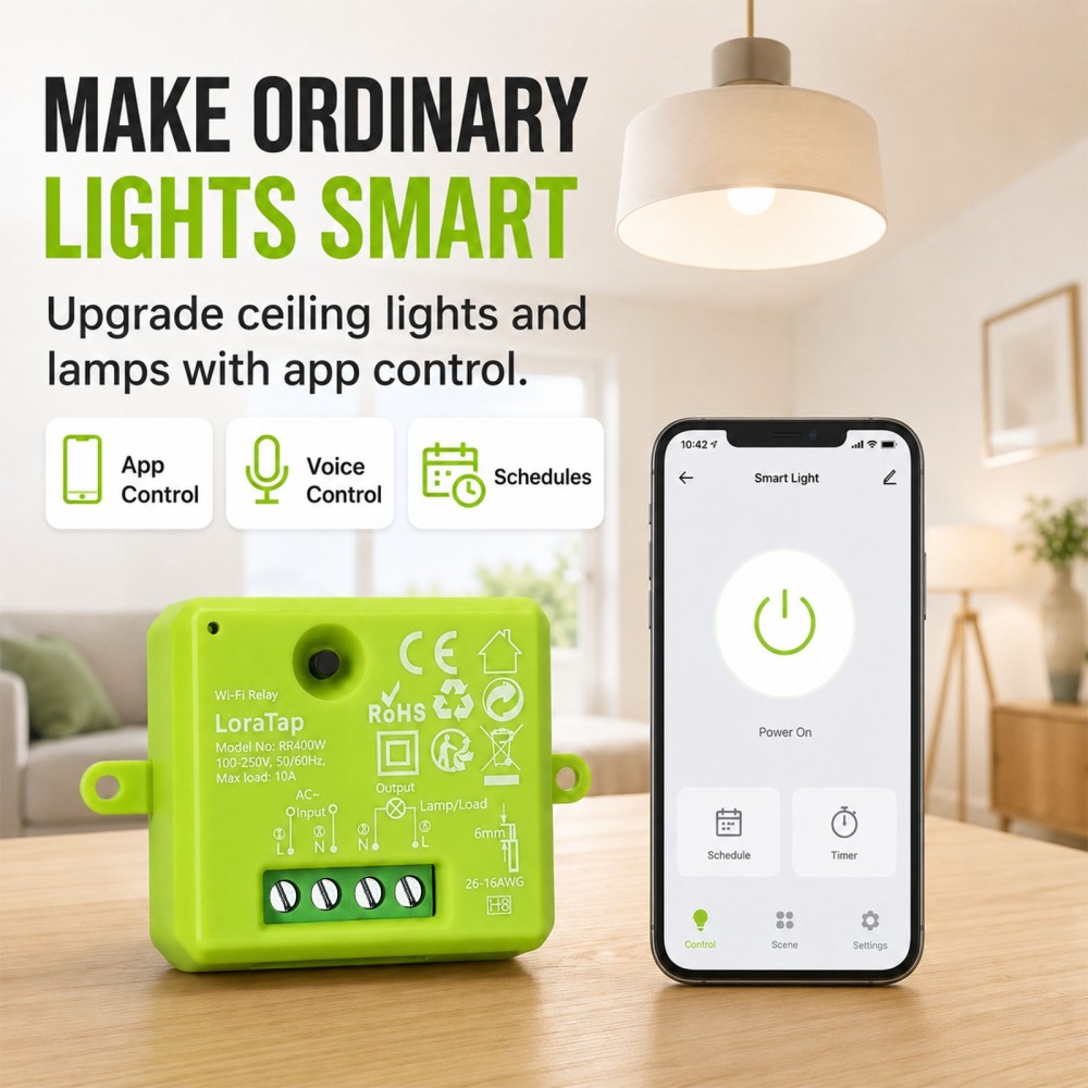 LoraTap Smart Relay Switch: No Hub Required, Auto 2.4G/5G WiFi, For Renters & Old Homes, App & Timer Control, Alexa Voice Control, 100-250V AC 10A