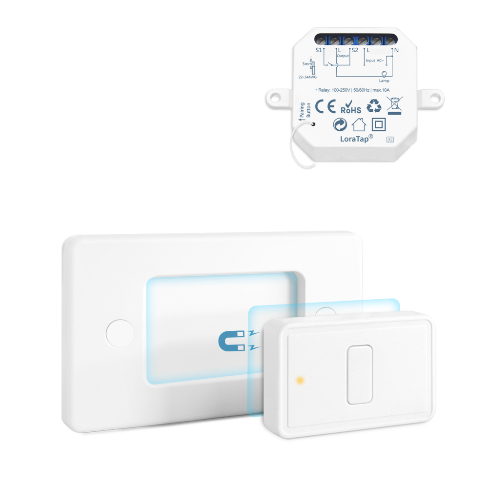 LoraTap Wireless Light Switch, Remote Control with Magnetic Base, Wireless Parallel Switch, Radio Wall Transmitter and RF Relay Receiver 10A