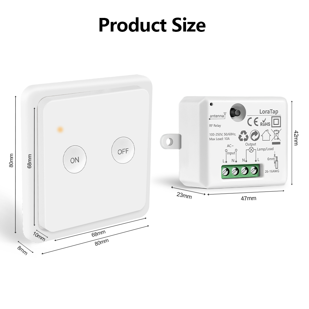 LoraTap Wireless Wall Switch Kit, 868Mhz Radio Transmitter, 200M Range, Back and forth, Remote Control, ON/OFF Remote Control for Lamp