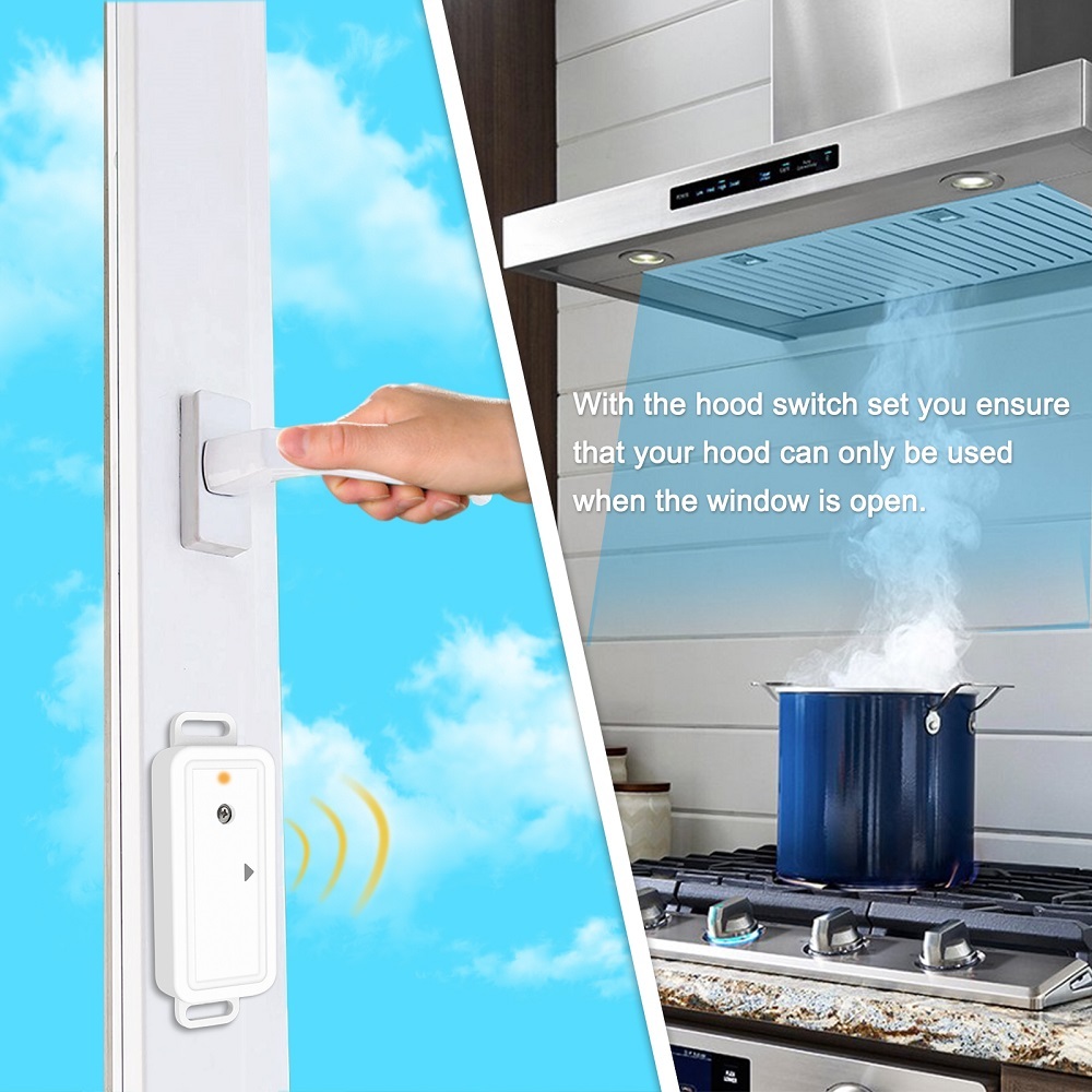 LoraTap Mini wireless exhaust control with window magnetic contact and radio socket for cooker hood, fireplace window switch, wireless window contact