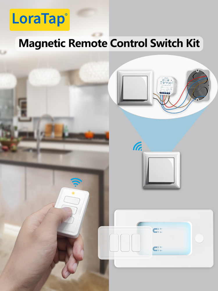 LoraTap Wireless Light Switch, Remote Control with Magnetic Base, Wireless Parallel Switch, Radio Wall Transmitter and RF Relay Receiver 10A
