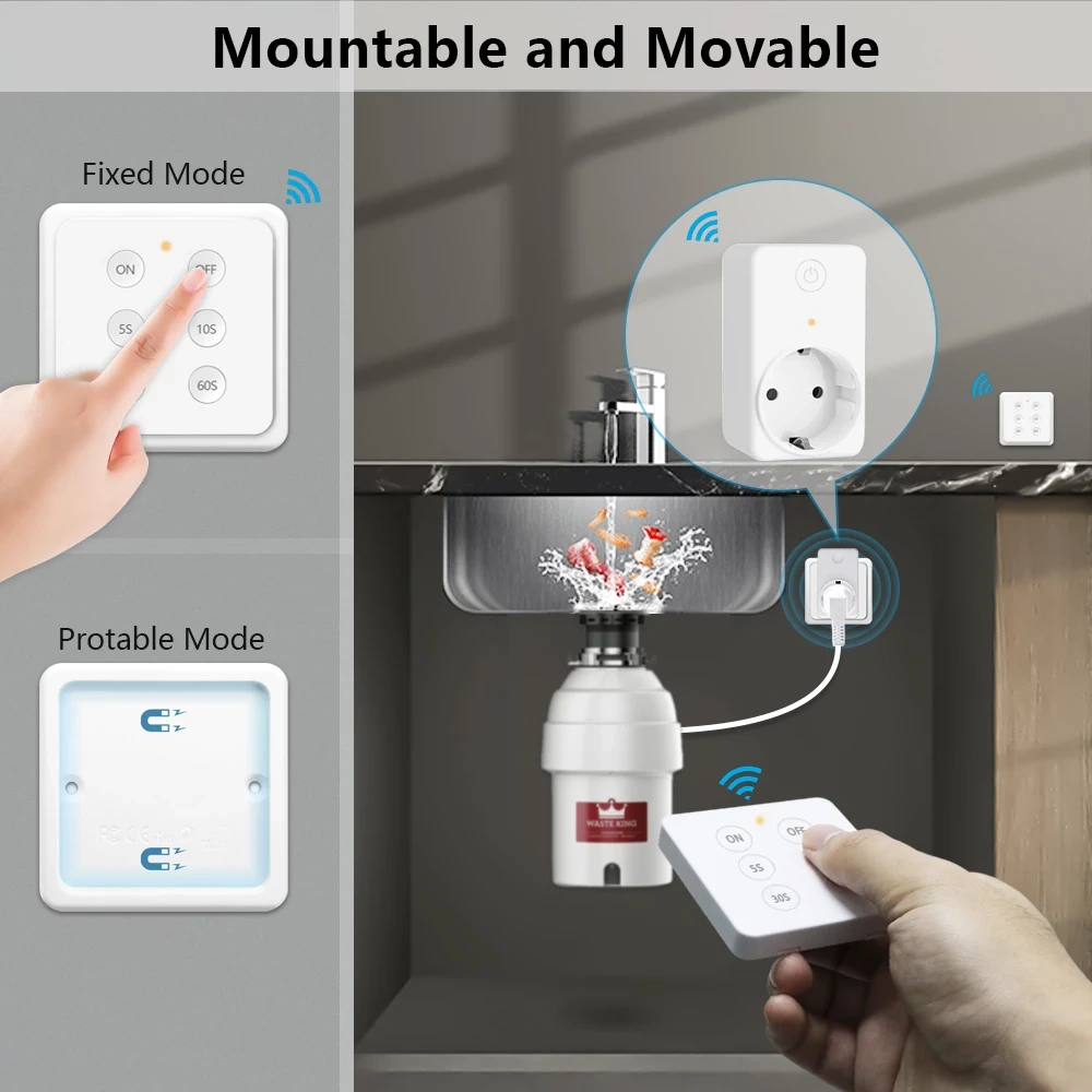 LoraTap EU KR Wireless Kitchen Food Process Garbage Disposal Waste Wireless Switch Timer 16A Plug with 4,6 Button Remote Control