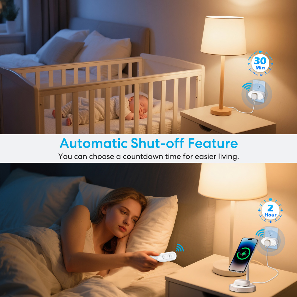 Remote Control Timer Outlet, Dual Countdown 30min/2h Auto Shut Off, 15A/1800W, Elderly & Kid Safe, Ideal for Sleep Lights & Small Appliances