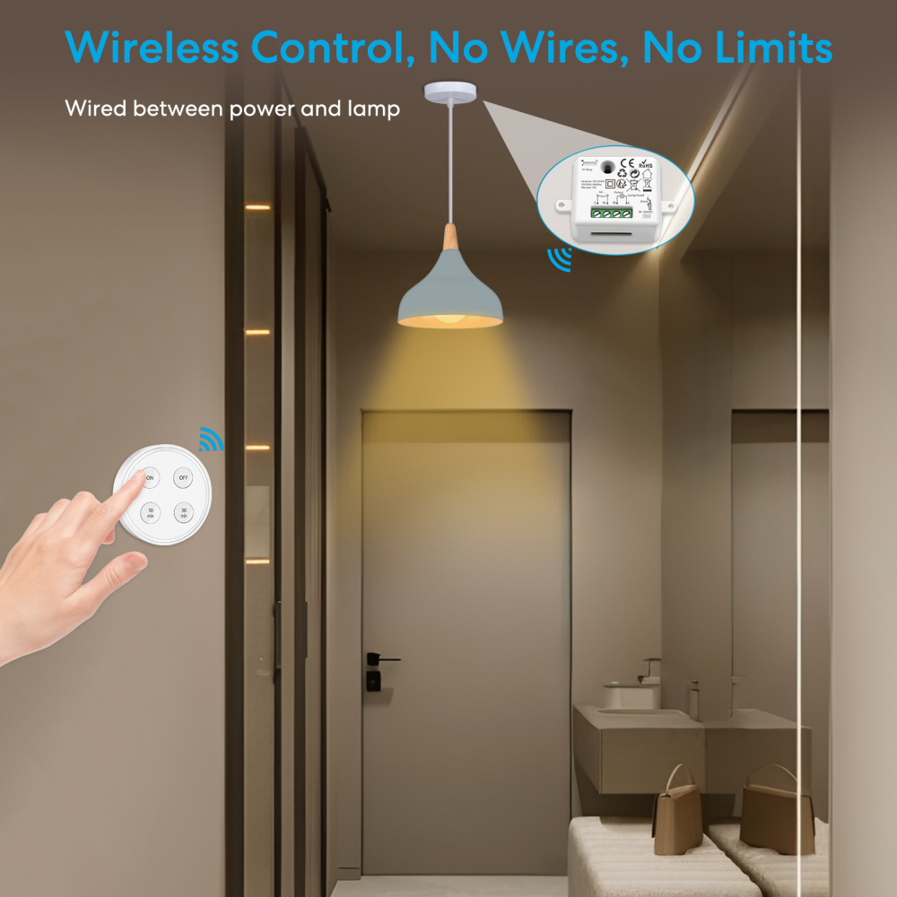 LoraTap Wireless Switch Kit, with 10min 30min Timer, 2500W Receiver, 868Mhz Radio Transmitter, Back and forth, Wall Remote Control for VMC Lighting