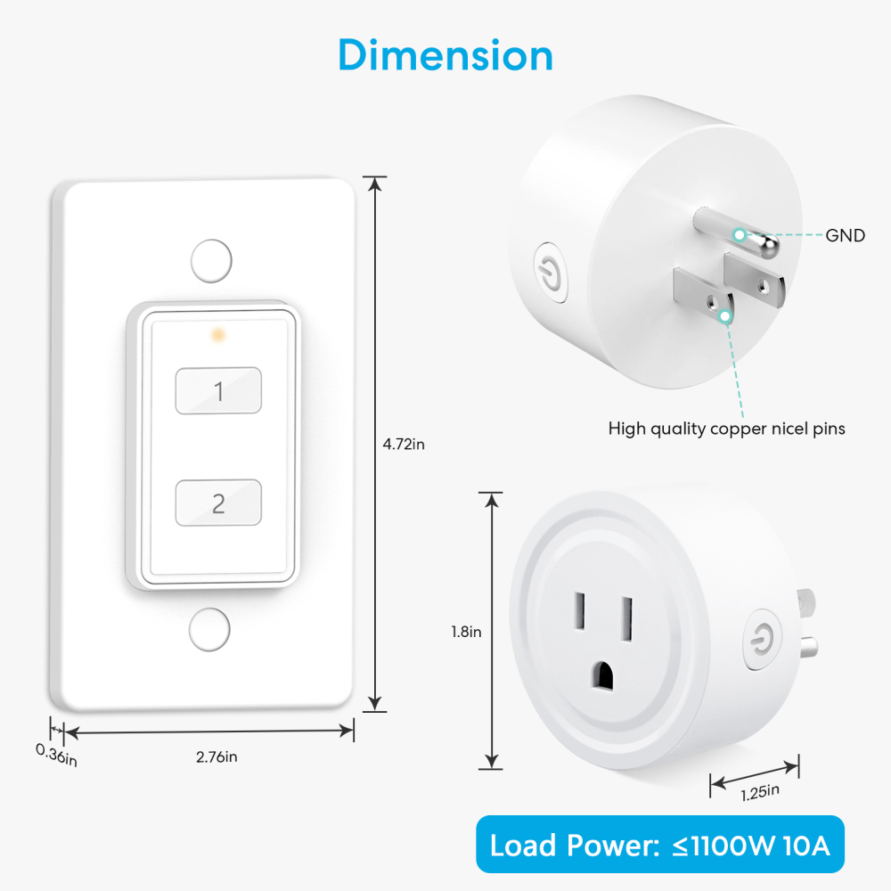 LoraTap Mini Wireless Remote Control Outlet Plug Adapter (2 Pack) with Remote, 2 Channel Wall Switch, 656ft Control Range for Indoor Lamps, 10A/1100W