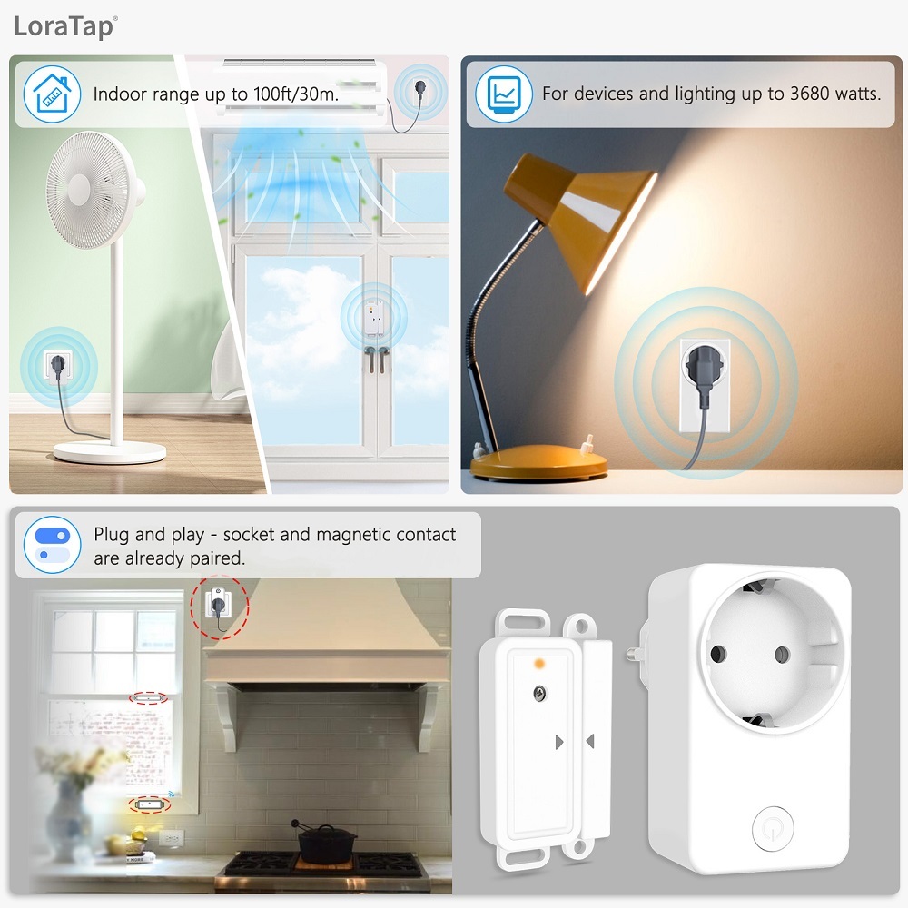 LoraTap Mini wireless exhaust control with window magnetic contact and radio socket for cooker hood, fireplace window switch, wireless window contact