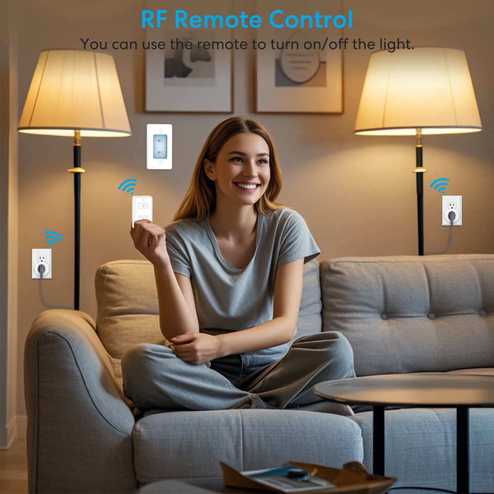 LoraTap Mini Wireless Remote Control Outlet Plug Adapter (2 Pack) with Remote, 2 Channel Wall Switch, 656ft Control Range for Indoor Lamps, 10A/1100W
