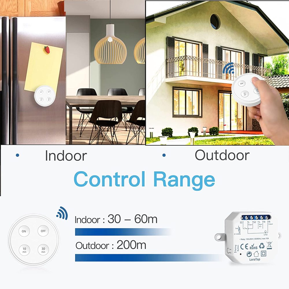 LoraTap Wireless Switch Kit, with 10min 30min Timer, Parallel Back and forth, 2500W Receiver, 868Mhz Radio Transmitter, Wall Switch for VMC Lighting