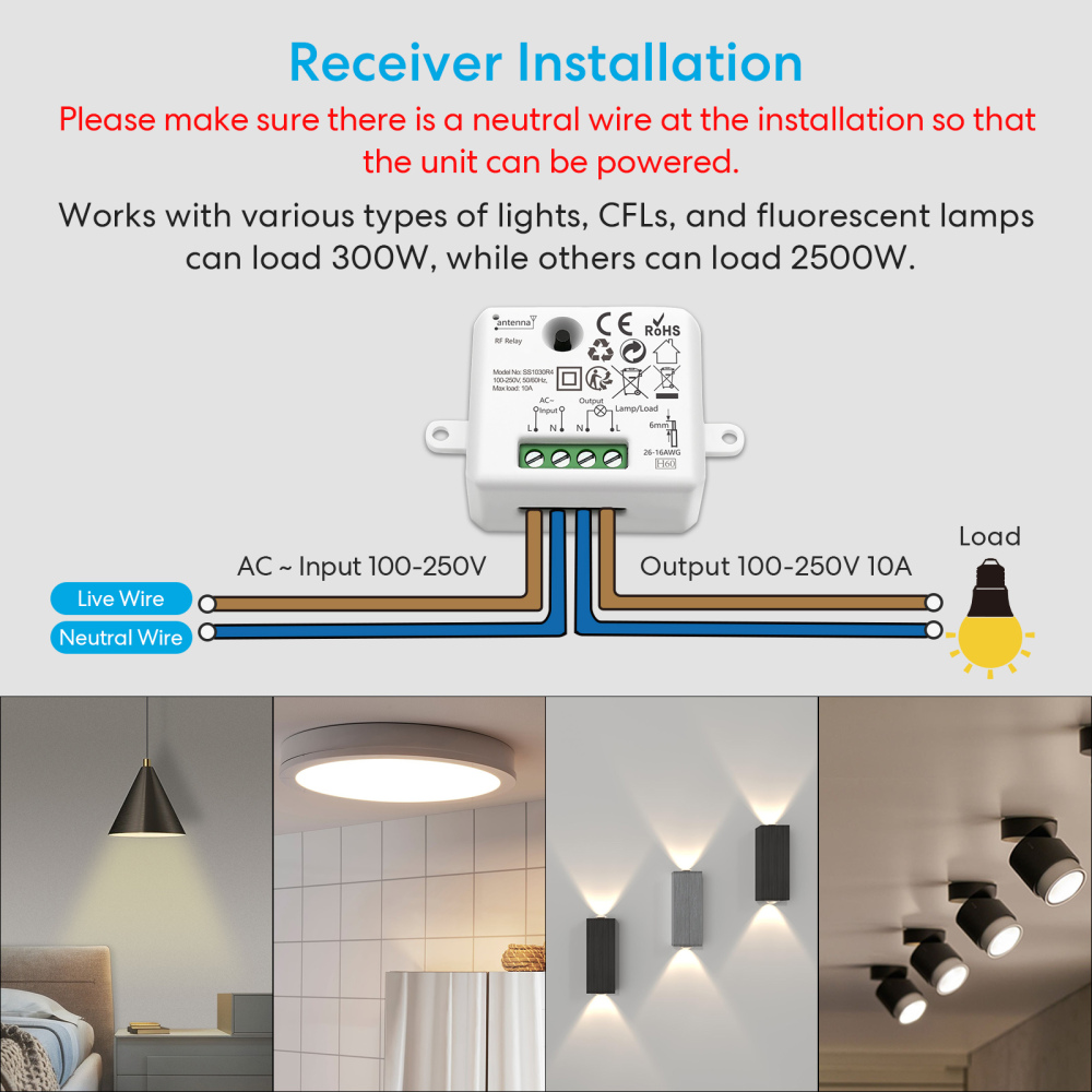 LoraTap Wireless Switch Kit, with 10min 30min Timer, 2500W Receiver, 868Mhz Radio Transmitter, Back and forth, Wall Remote Control for VMC Lighting