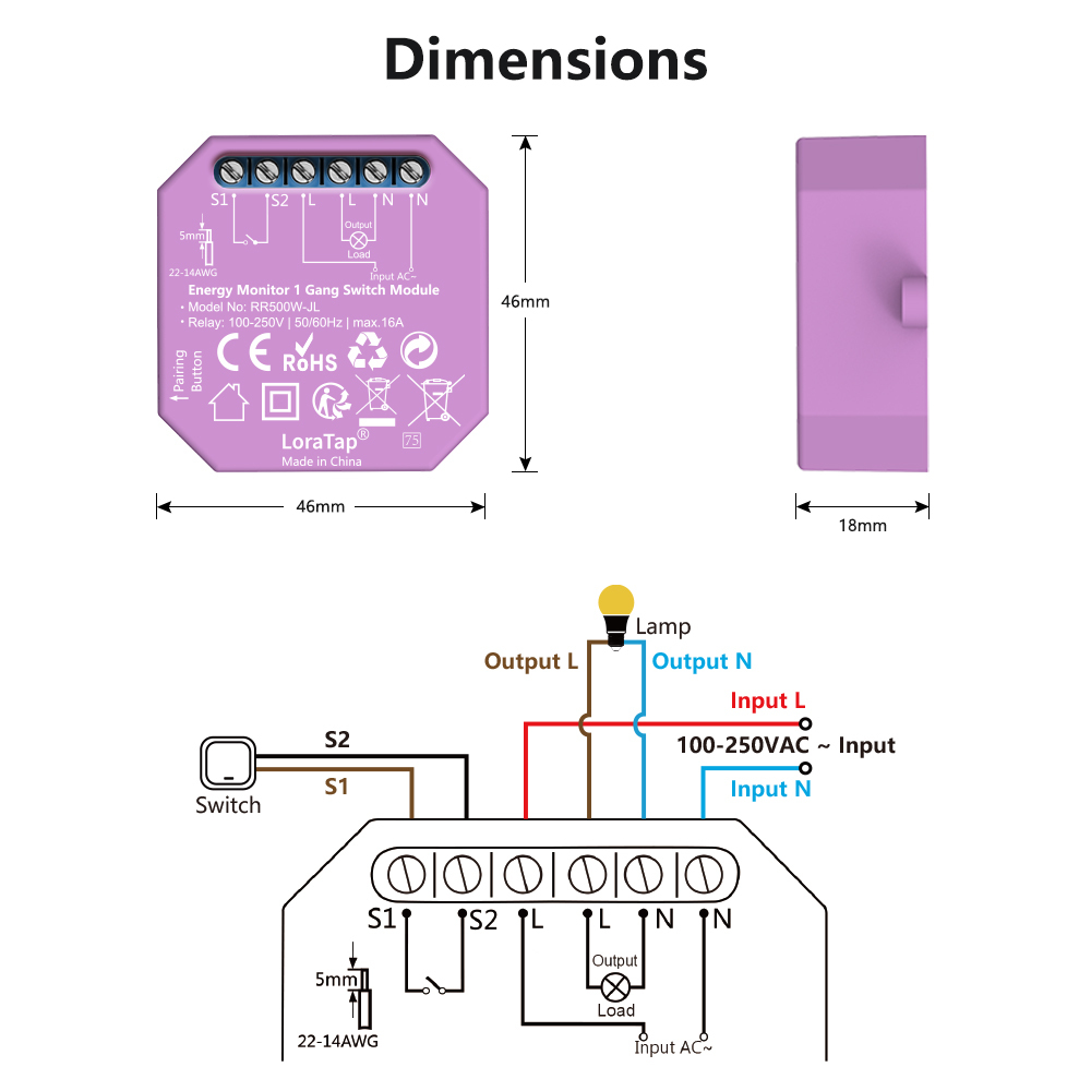 LoraTap Power Energy Monitoring Estimate 1，2 Gang Switch Relay Breaker Module Tuya Smart Life App Remote Control Automation