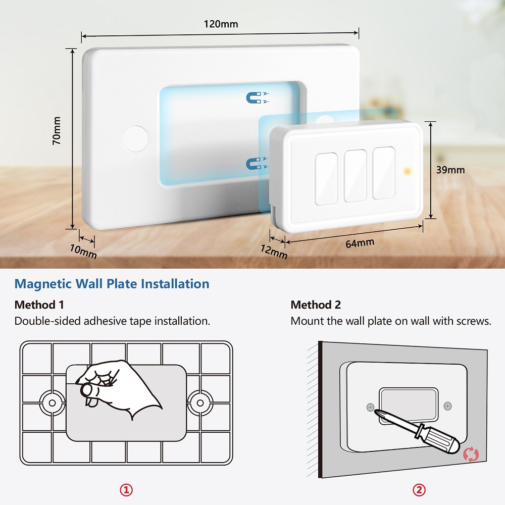 LoraTap Wireless Light Switch, Remote Control with Magnetic Base, Wireless Parallel Switch, Radio Wall Transmitter and RF Relay Receiver 10A