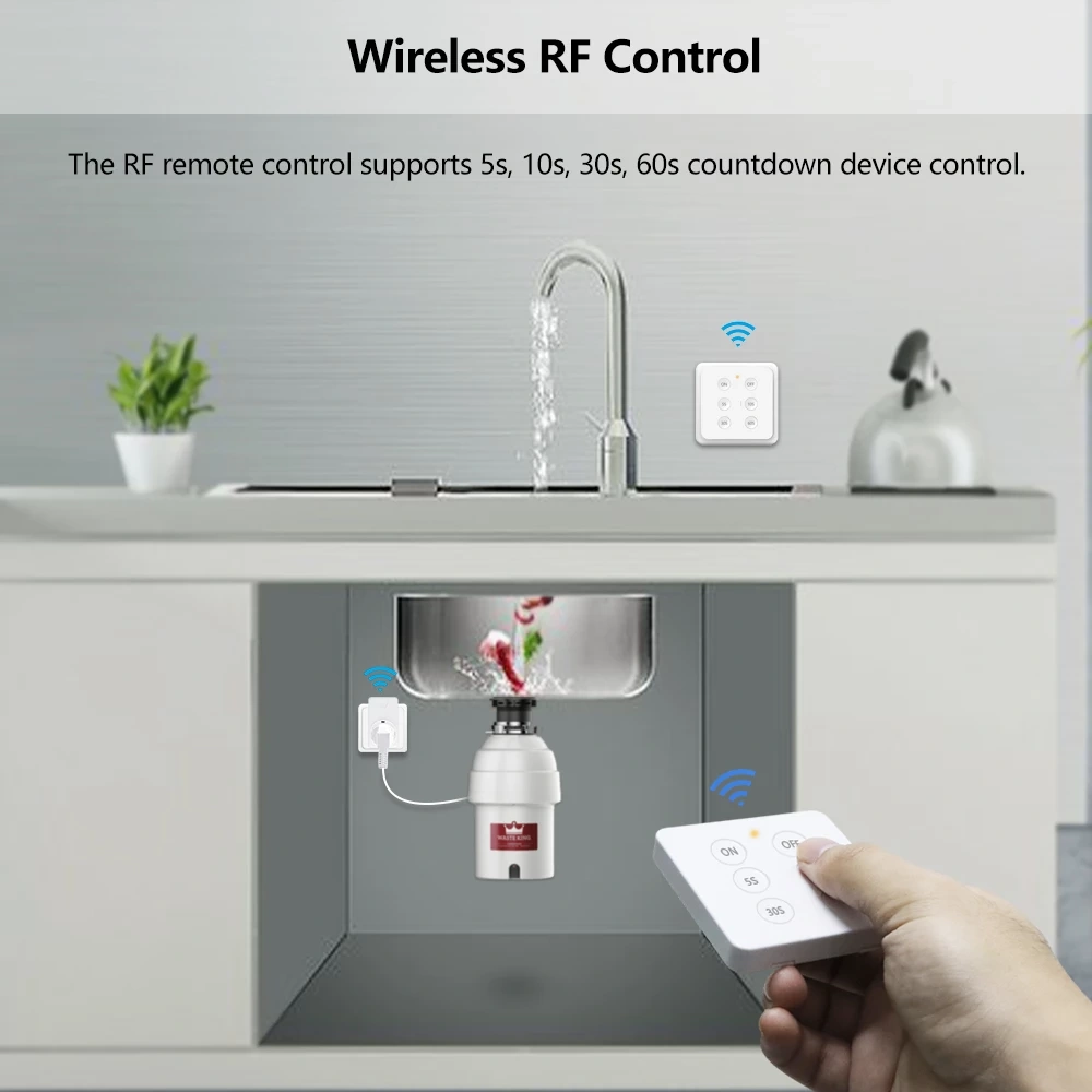 LoraTap EU KR Wireless Kitchen Food Process Garbage Disposal Waste Wireless Switch Timer 16A Plug with 4,6 Button Remote Control