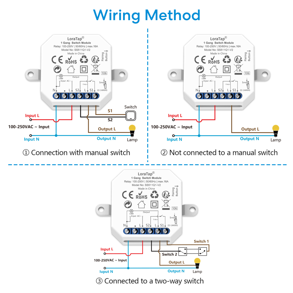 LoraTap Wireless RF 433Mhz 16A Two-ways Control Switch Relay Module With 4 Gang Remote Kit Compatible Multiple Wall Switches