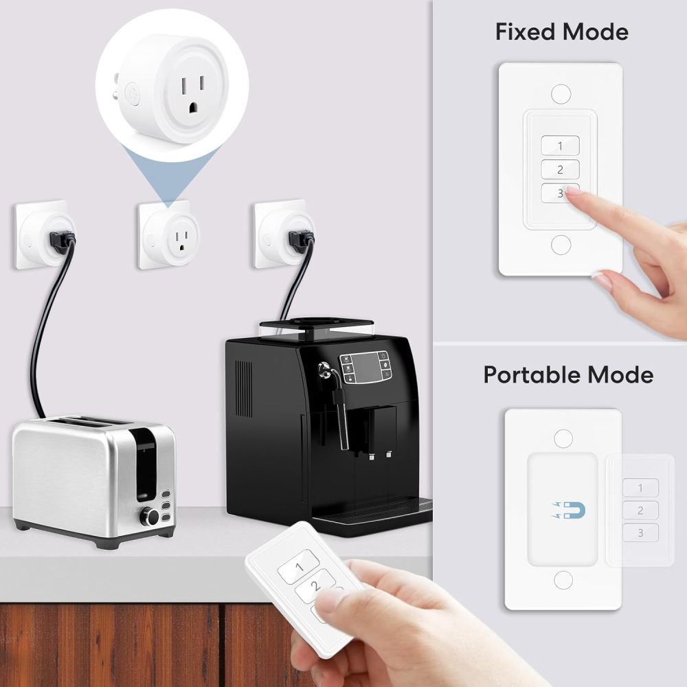 LoraTap Mini Wireless Remote Control Outlet Plug Adapter (3 Pack) with Remote, 3 Channel Wall Switch, No Hub Required, 10A/1100W, White