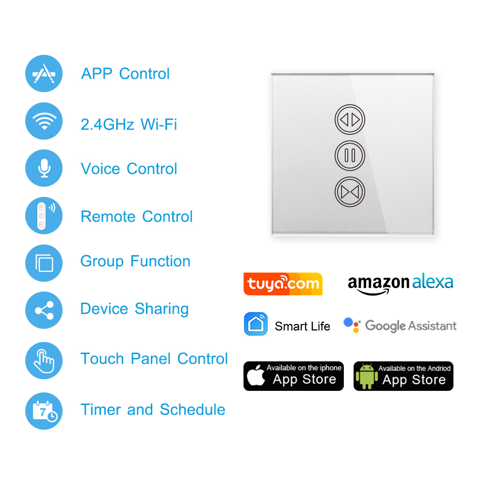 Remote Control Silver Curtain Blind WiFi Touch Switch for Electrical Roller Shutter, Sunscreen, Voice Control by Google Home Alexa echo