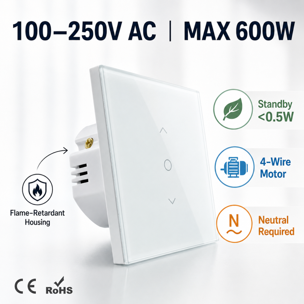LoraTap Interruttore Tocco per tende Compatibile con Alexa/Google Home/Smart Life, Controllo Percentuale e Controllo Vocale (Filo Neutro Richiesto)