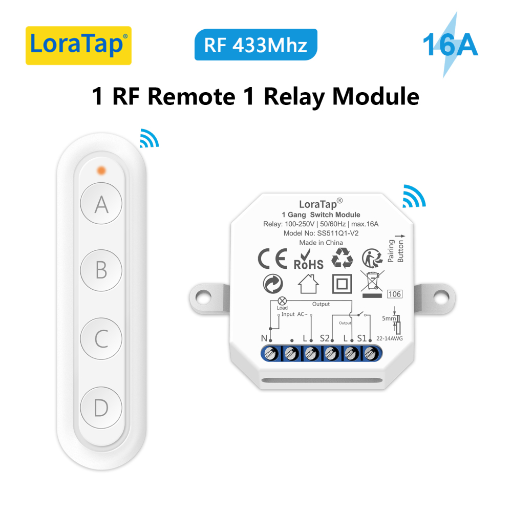 LoraTap Wireless RF 433Mhz 16A Two-ways Control Switch Relay Module With 4 Gang Remote Kit Compatible Multiple Wall Switches