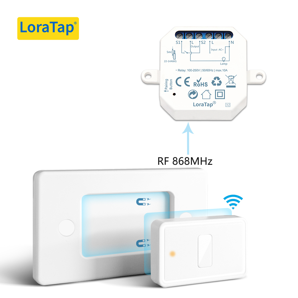 LoraTap Wireless Light Switch, Remote Control with Magnetic Base, Wireless Parallel Switch, Radio Wall Transmitter and RF Relay Receiver 10A