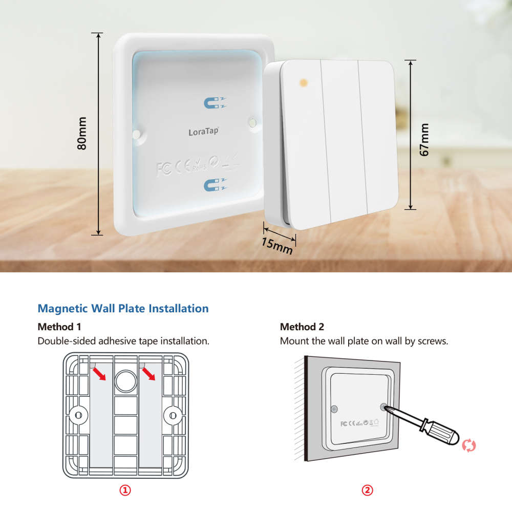 LoraTap 868Mhz Magnetic Smart Light Switch LED Push Button Wireless Remote Control AC100~250V 10A 1 CH Relay Controller for Lamp