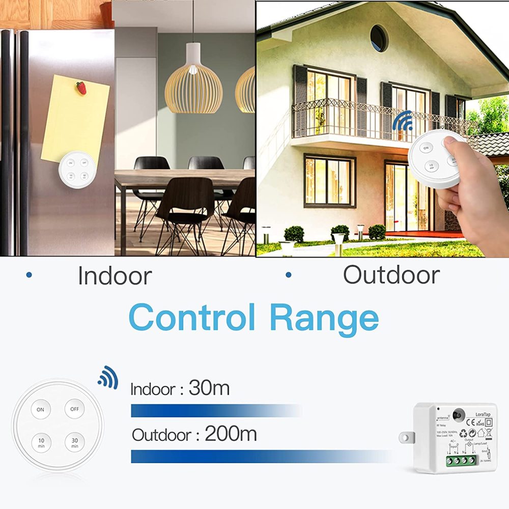 LoraTap Wireless Switch Kit, with 10min 30min Timer, 2500W Receiver, 868Mhz Radio Transmitter, Back and forth, Wall Remote Control for VMC Lighting