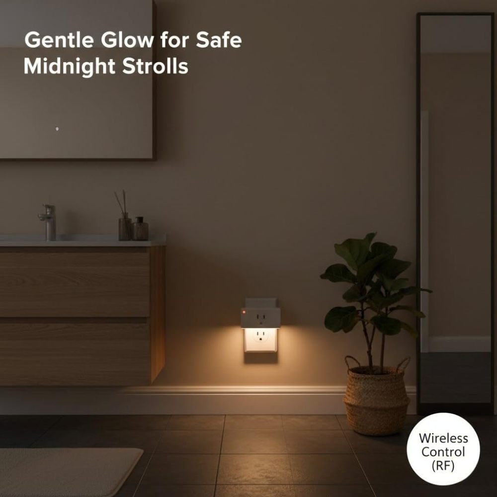 2-in-1 Remote Control Outlet with Night Light, Timer & Dimmable, 100ft Range, No WiFi Needed, Wall Switch for Bedroom, Hallway, Small Appliances