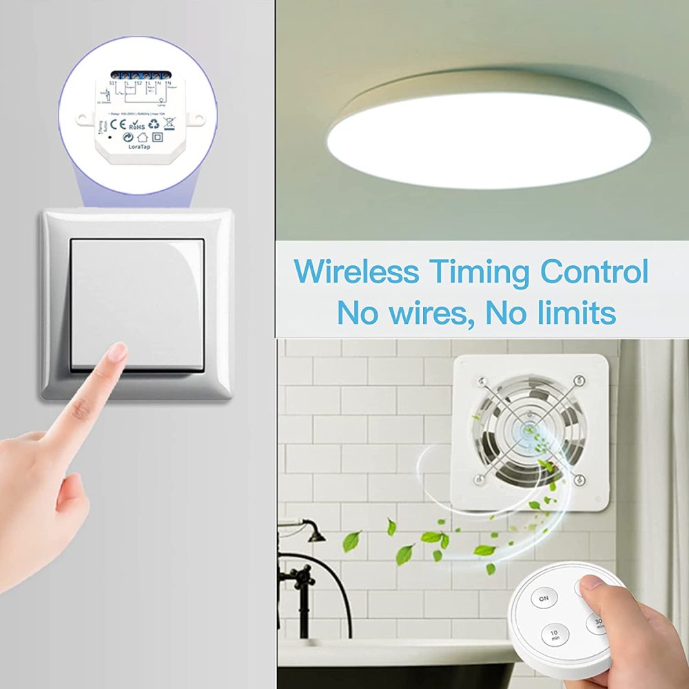 LoraTap Wireless Switch Kit, with 10min 30min Timer, Parallel Back and forth, 2500W Receiver, 868Mhz Radio Transmitter, Wall Switch for VMC Lighting