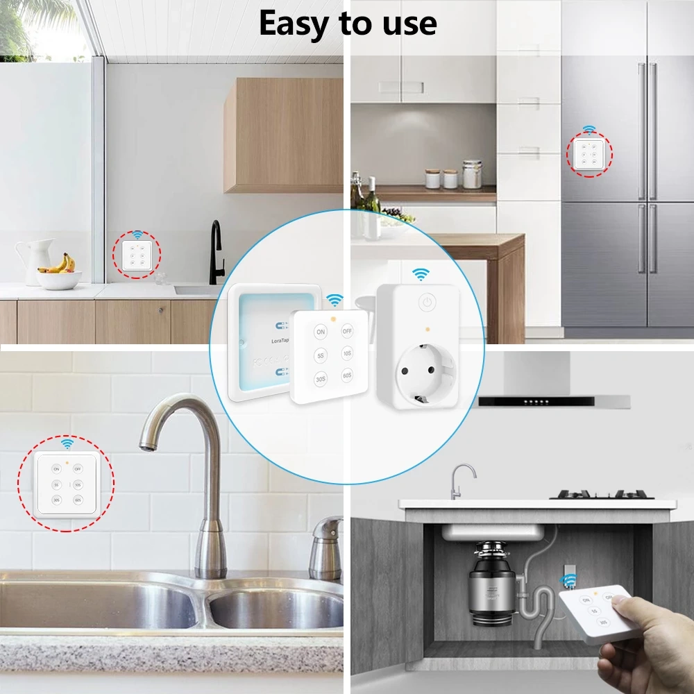 LoraTap EU KR Wireless Kitchen Food Process Garbage Disposal Waste Wireless Switch Timer 16A Plug with 4,6 Button Remote Control