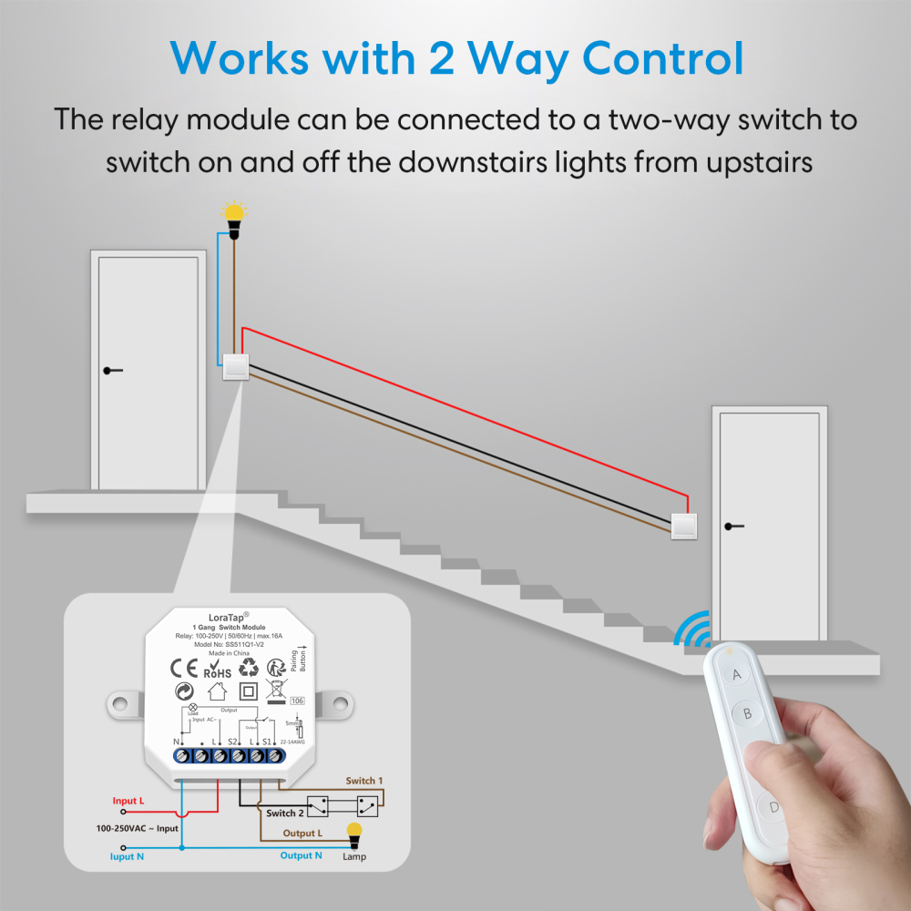 LoraTap Wireless RF 433Mhz 16A Two-ways Control Switch Relay Module With 4 Gang Remote Kit Compatible Multiple Wall Switches