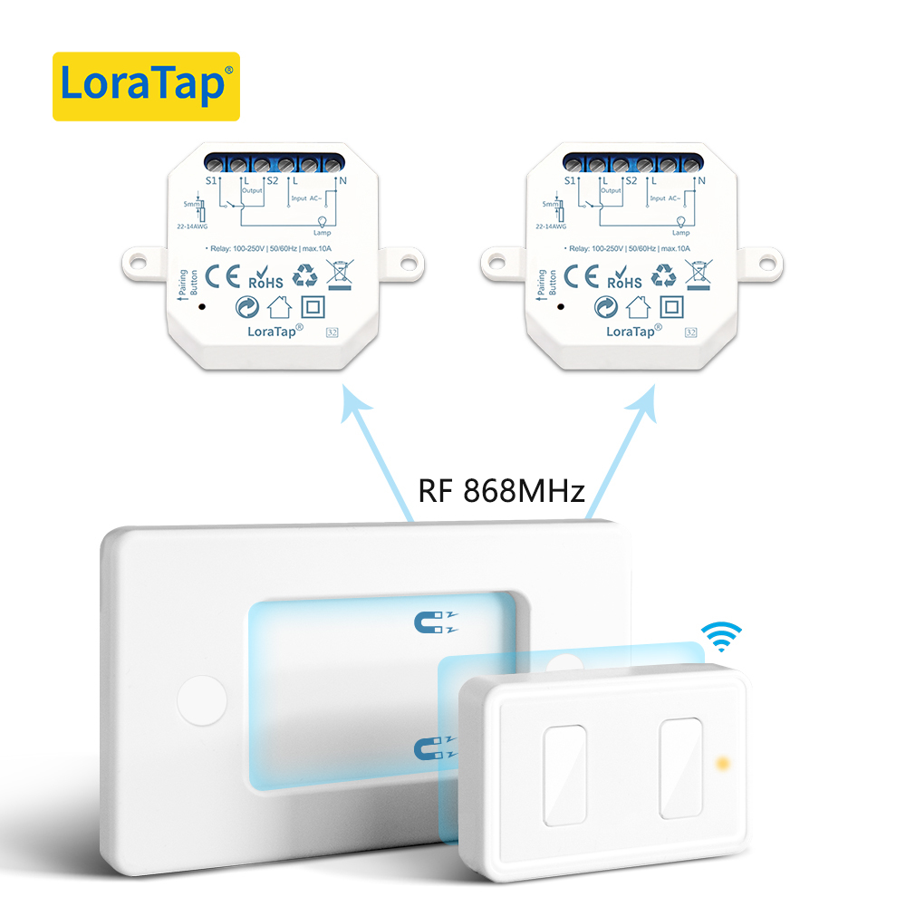 LoraTap Wireless Light Switch, Remote Control with Magnetic Base, Wireless Parallel Switch, Radio Wall Transmitter and RF Relay Receiver 10A