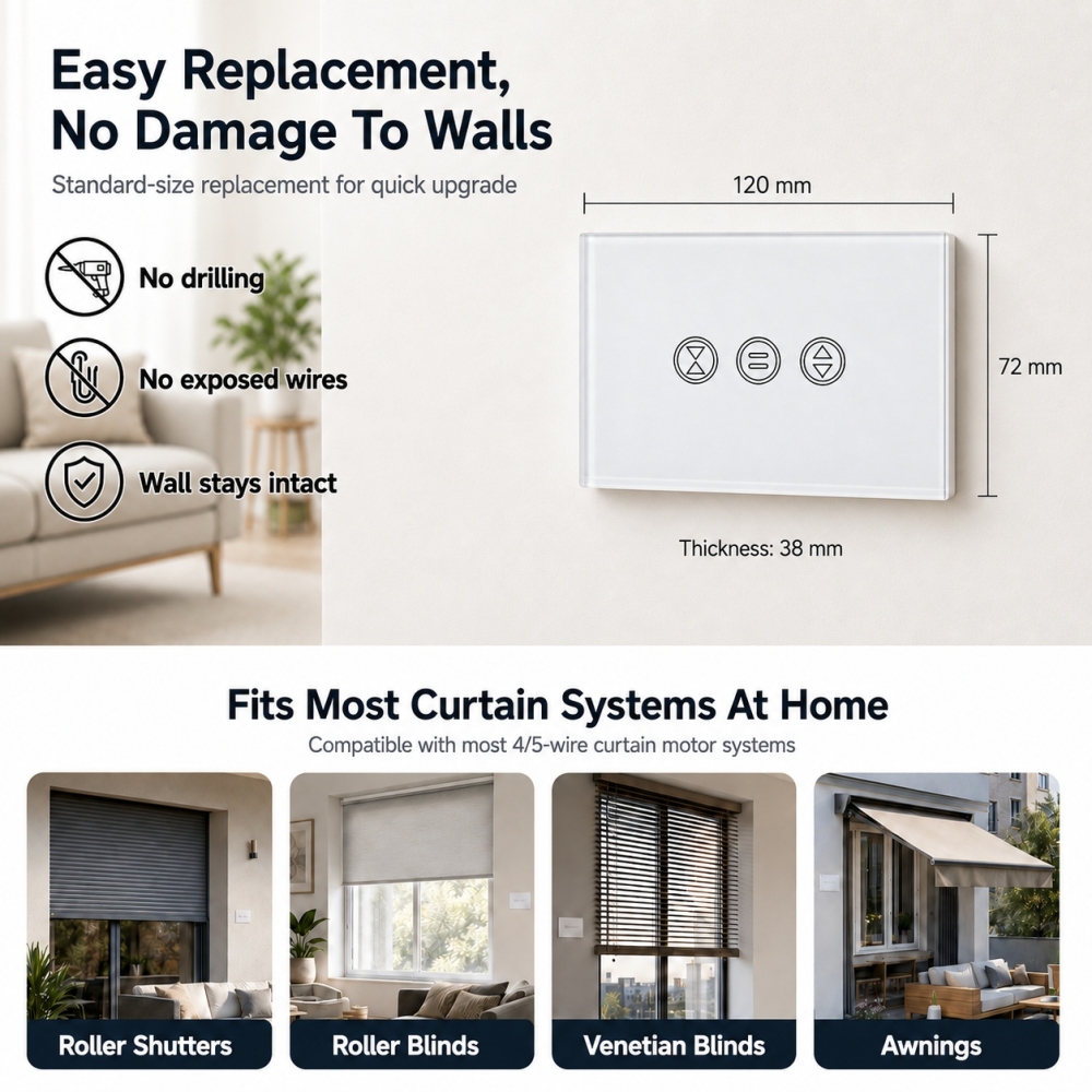 LoraTap WiFi Touch Curtain Switch for Motorized Curtains & Shutters, 600W AC. Supports APP, Alexa/Google Home Voice Control & Remote Timer