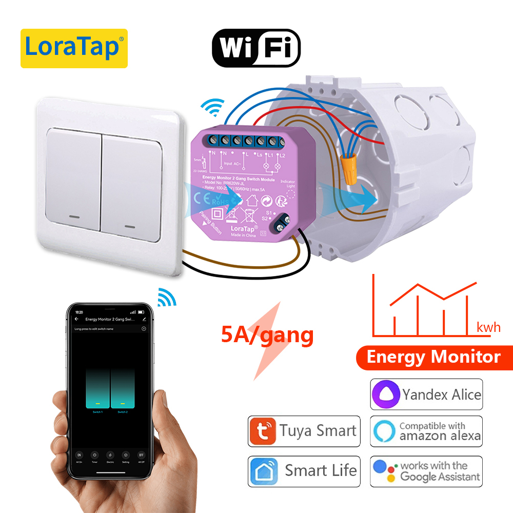 LoraTap Power Energy Monitoring Estimate 1，2 Gang Switch Relay Breaker Module Tuya Smart Life App Remote Control Automation