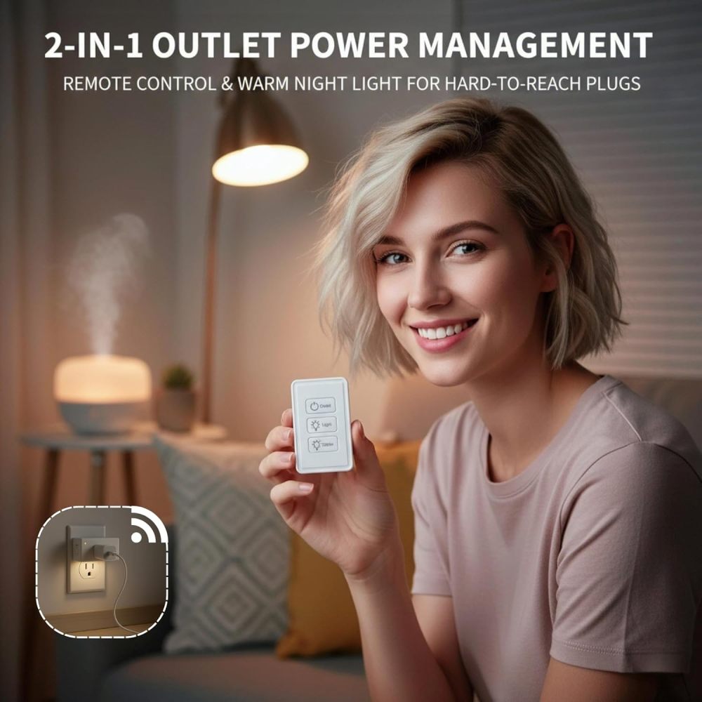 2-in-1 Remote Control Outlet with Night Light, Timer & Dimmable, 100ft Range, No WiFi Needed, Wall Switch for Bedroom, Hallway, Small Appliances